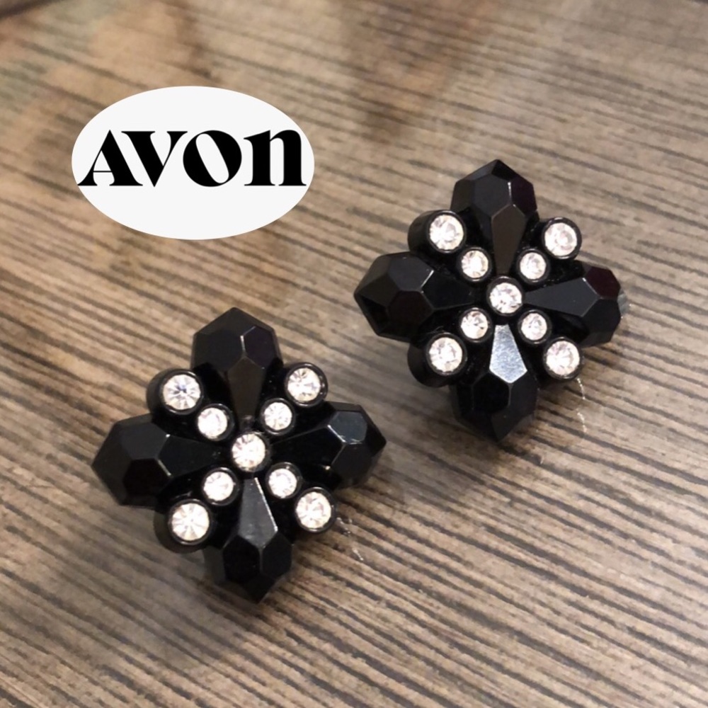 Vintage 1987 Avon Midnight Brilliance Acrylic Faceted Black & Rhinestone Earring